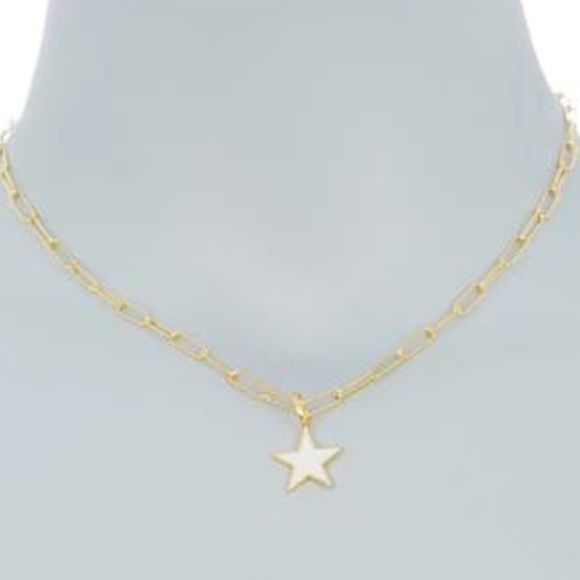 Enamel White Star Pendant Paper Clip Necklace - Picture 2 of 4